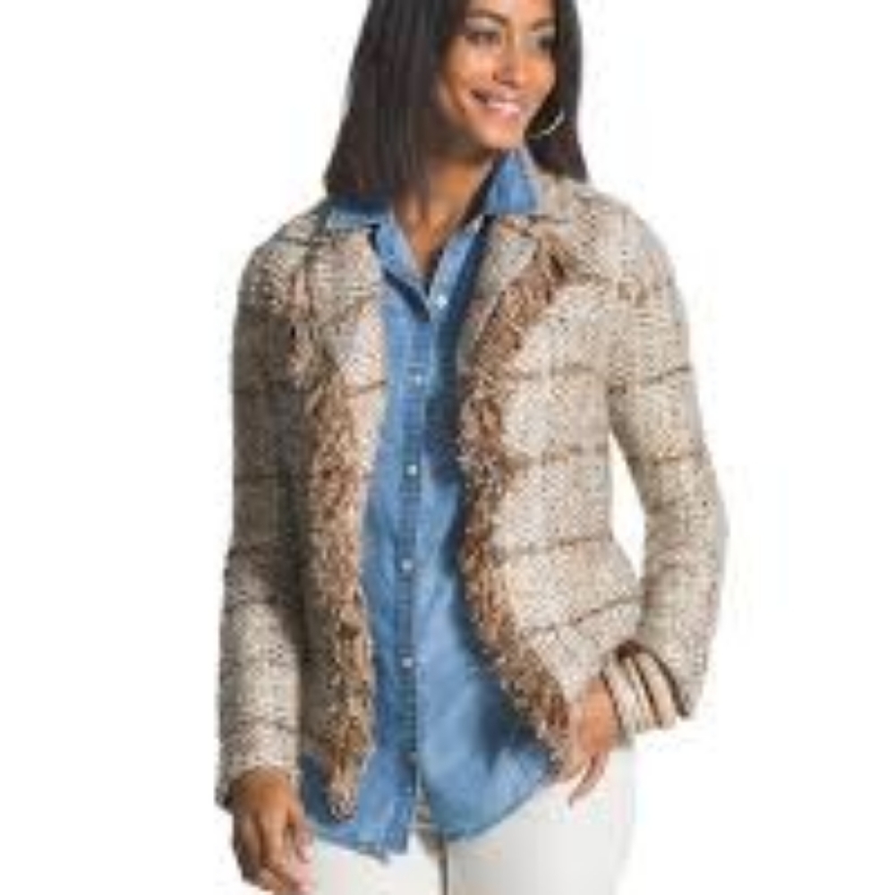 Chico's Nikita tweed inspired fringe cardigan size 1 (medium)